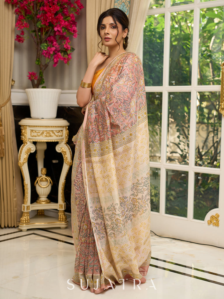 Pure Chanderi hand block printed saree in pastel floral poetry