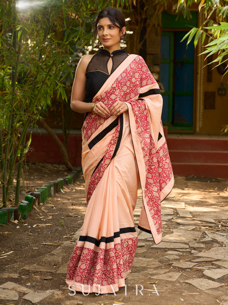 Peach Blossom Modal Saree with Block Print combination & bold black border