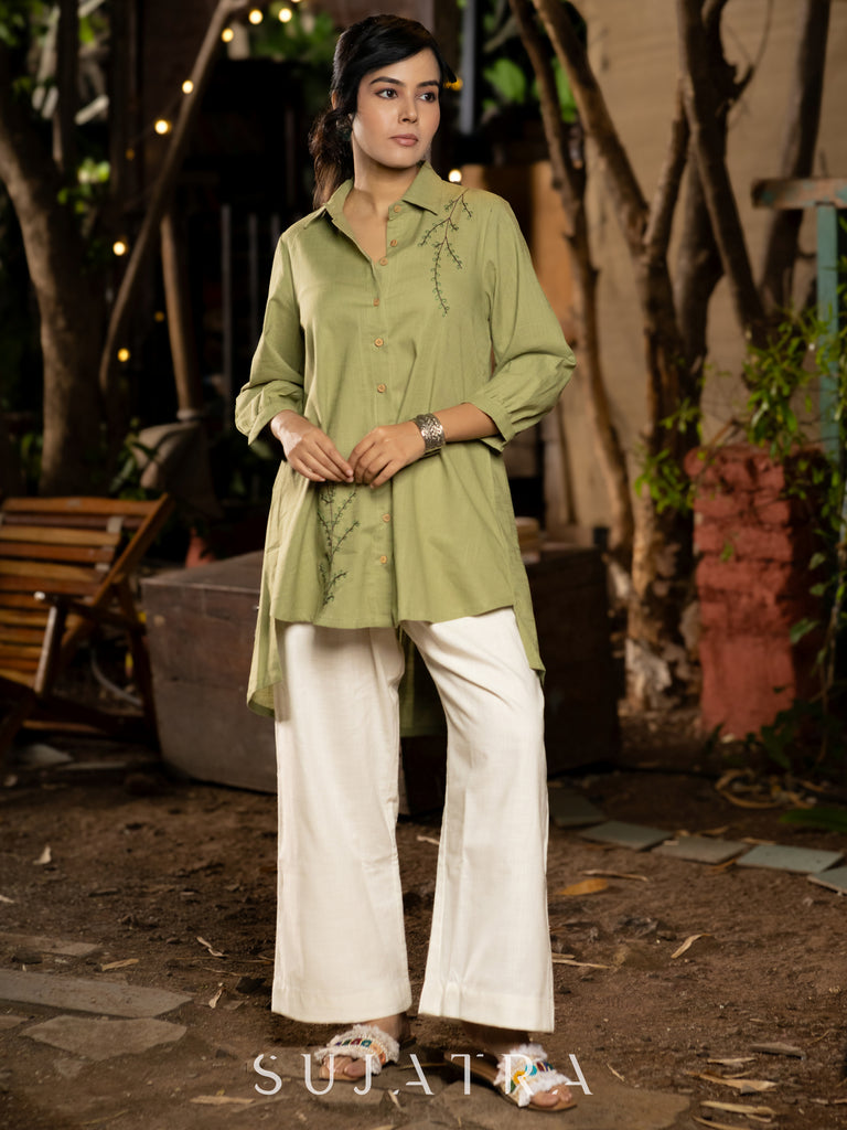 Poised Pista Green Cotton Shirt Adorned with Delicate Hand Embroidery