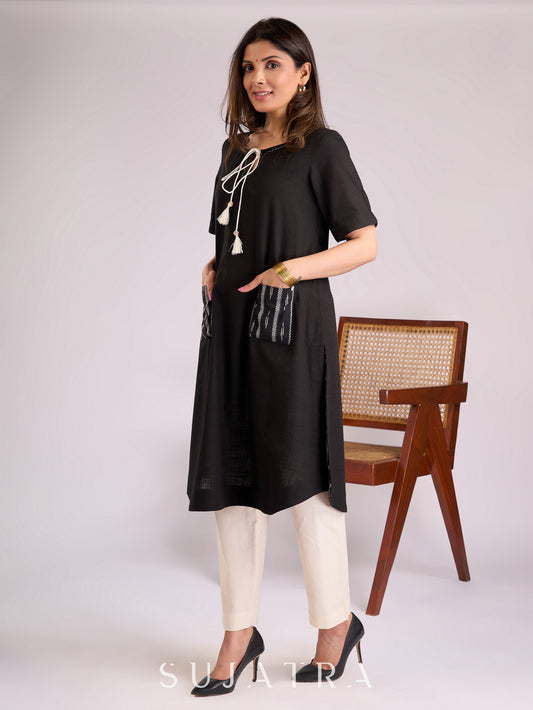 Timeless Black Cotton Kurta with Ikat Pockets, Kantha Handwork & Tassel-Tied Neckline