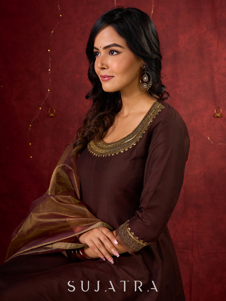 Exquisite Dark Brown Cotton Silk Kali Anarkali with Minimal Hand-Embroidered Neckline & Sleeves