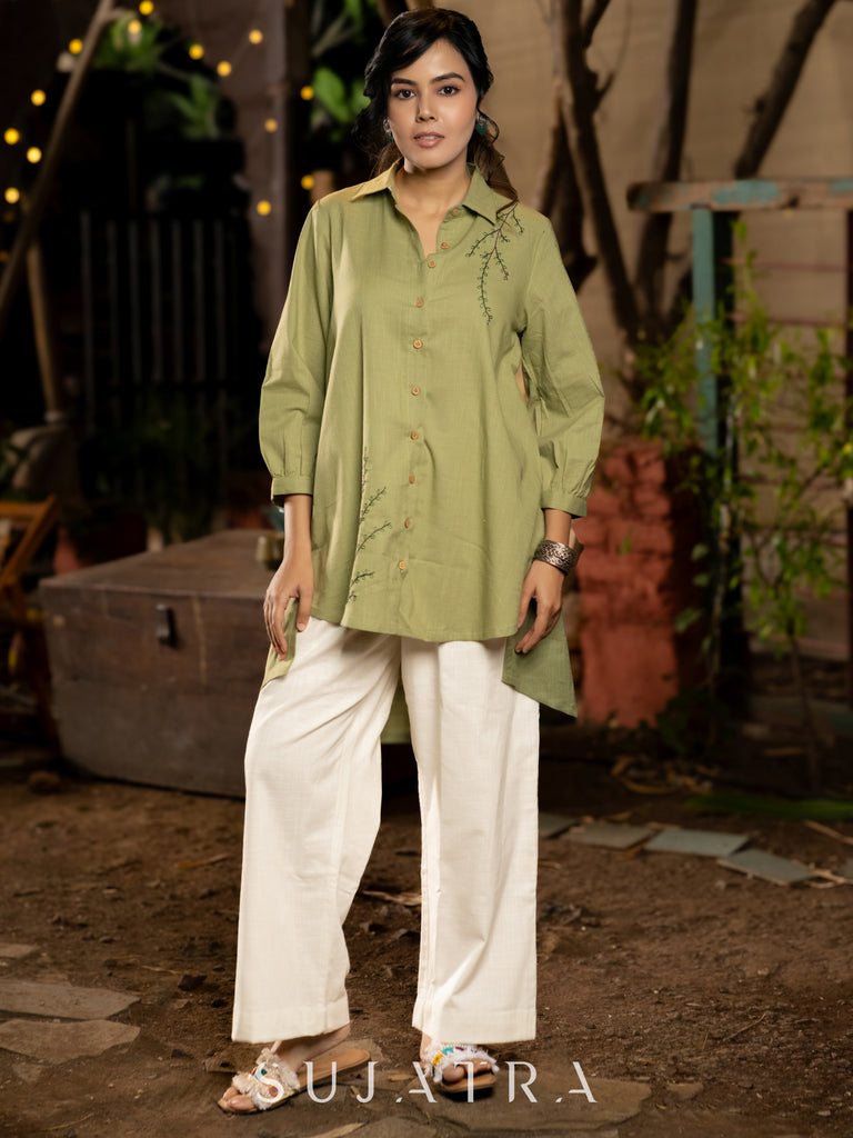 Poised Pista Green Cotton Shirt Adorned with Delicate Hand Embroidery