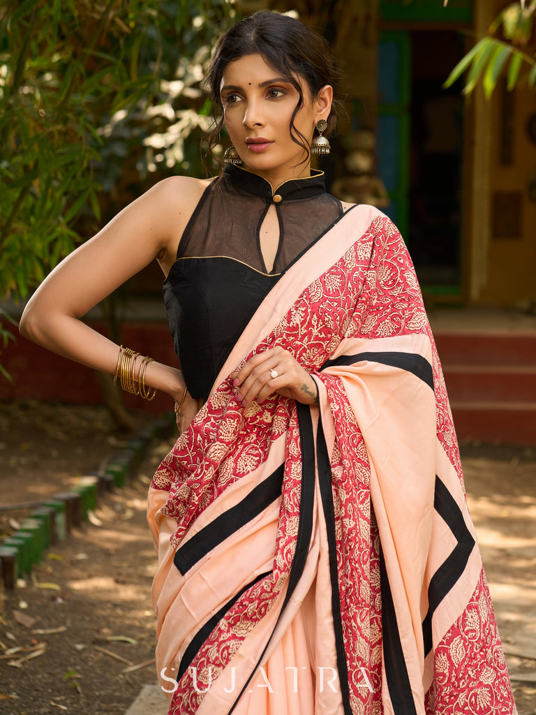 Peach Blossom Modal Saree with Block Print combination & bold black border