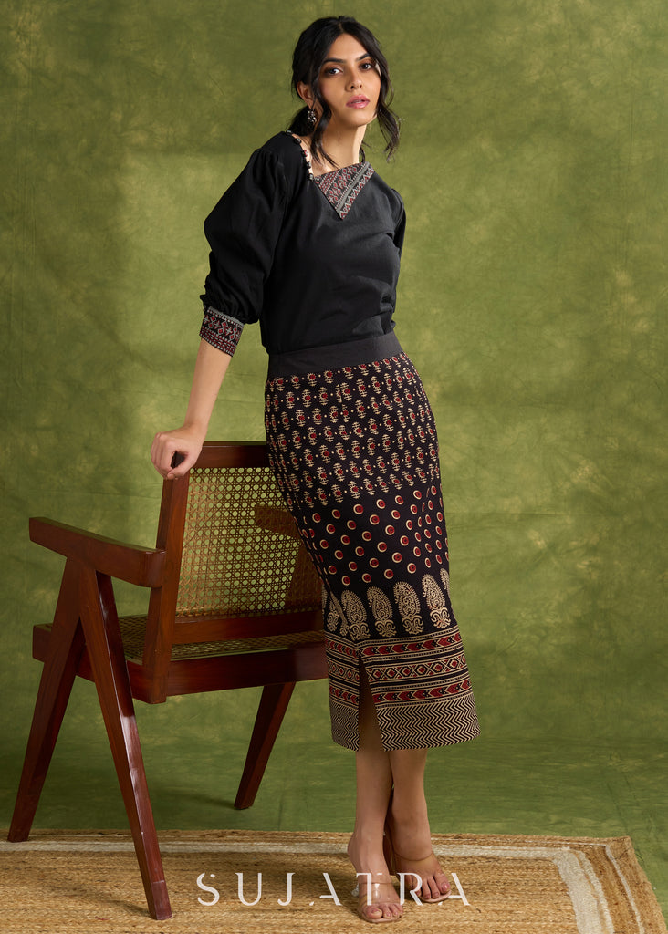 Black Cotton Top With Asymmetric Neck And Puffed Sleeves - Skirt Optional