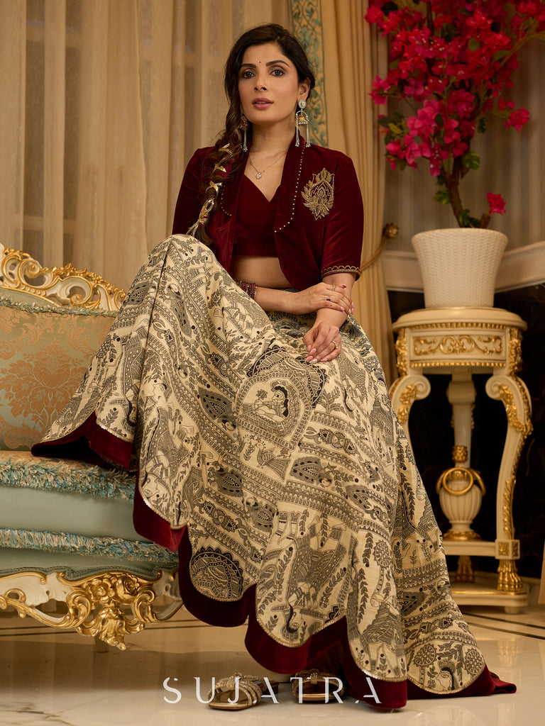 Madhubani print lehenga with a scalloped hem, paired with a rich maroon velvet blouse - Short Jacket with elegant brooch style embroidery Optional
