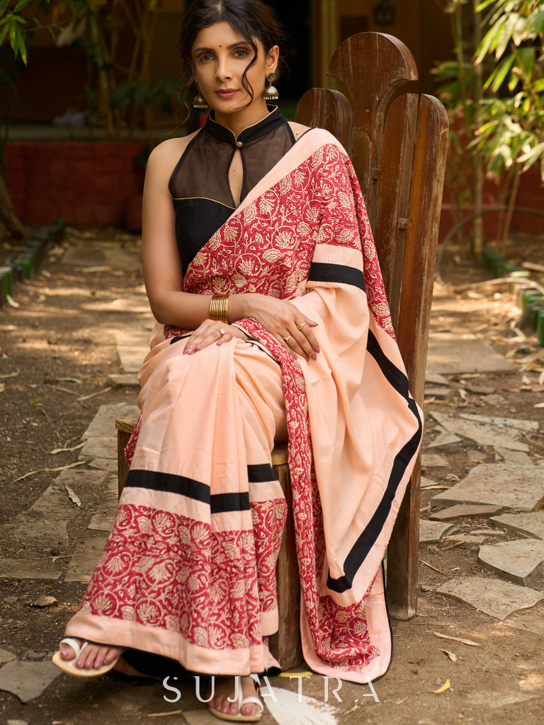 Peach Blossom Modal Saree with Block Print combination & bold black border