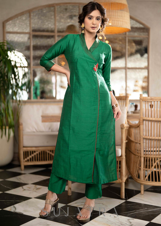 Elegant Emerald Green Cotton Silk Kurta With Red Thread work On Neckline & Sleeves