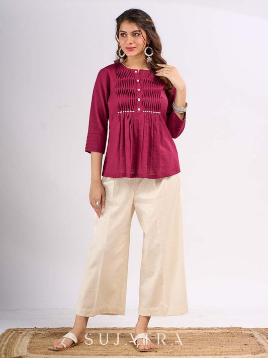 Wine Cotton Top with Pintuck Detail and Pearl Accents