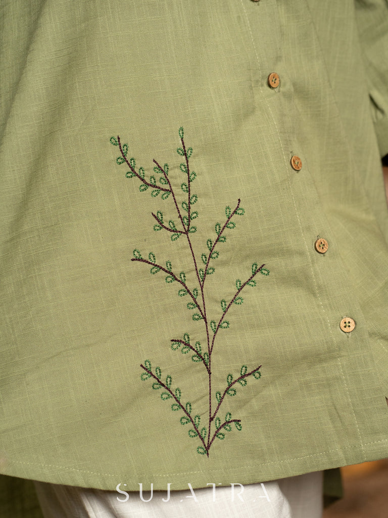 Poised Pista Green Cotton Shirt Adorned with Delicate Hand Embroidery