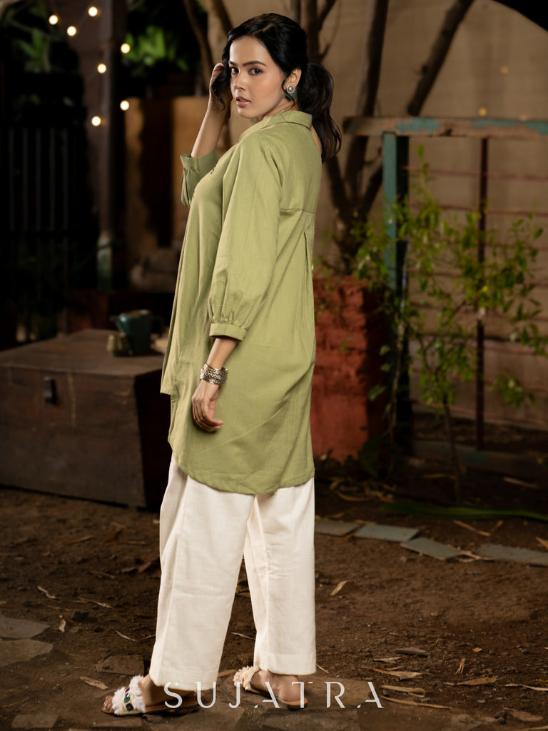 Poised Pista Green Cotton Shirt Adorned with Delicate Hand Embroidery