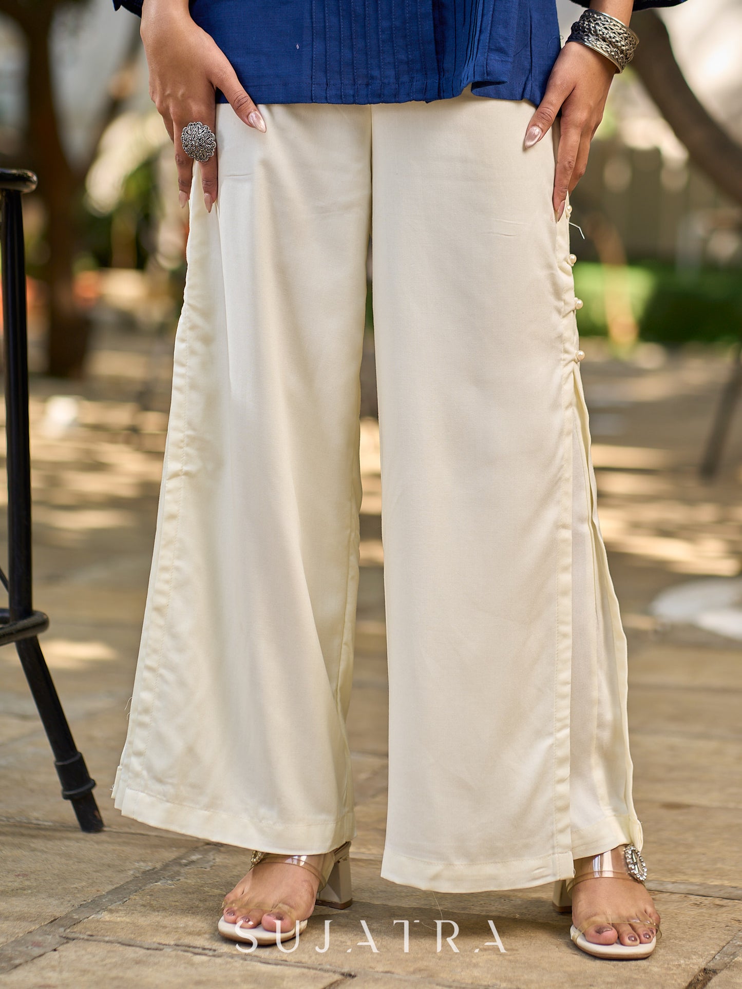 Navy Cotton Shirt Featuring Fine Pintuck Detailing & Statement Sleeves and Collar