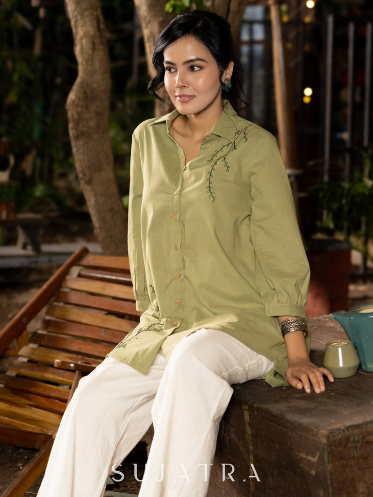 Poised Pista Green Cotton Shirt Adorned with Delicate Hand Embroidery