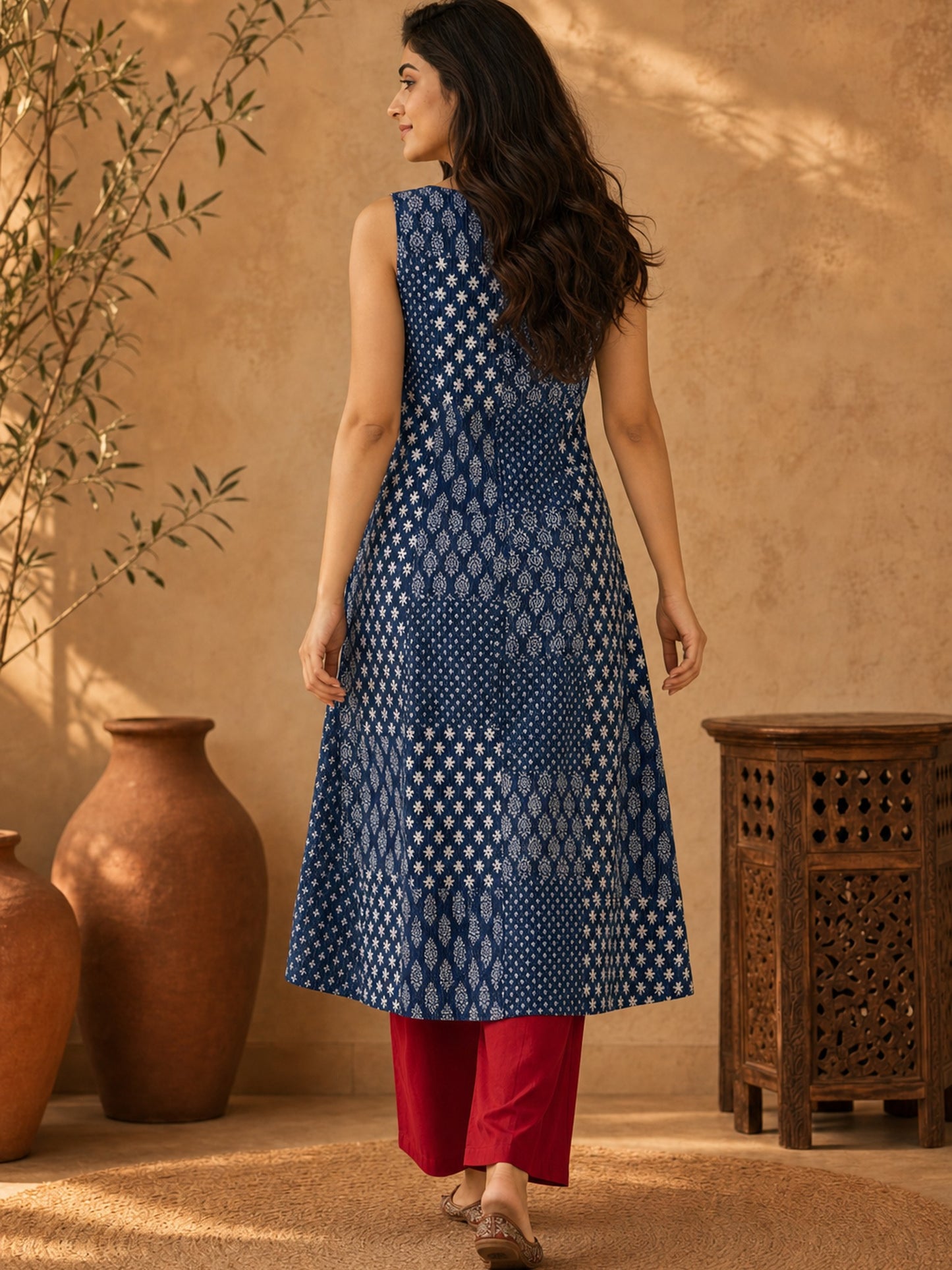 Dark Blue Printed Kantha Cotton A-line Kurta