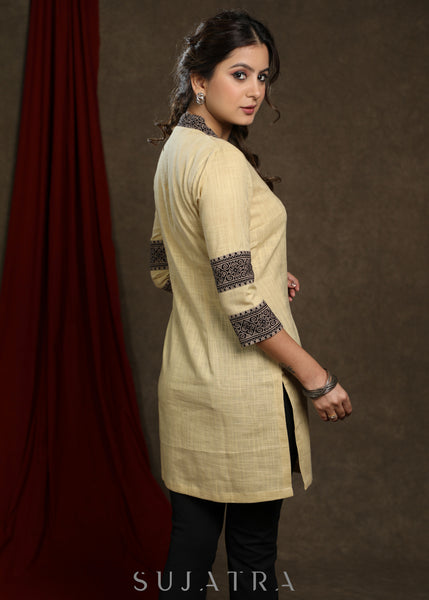 Elegant ochre yellow cotton tunic with ajrakh combination