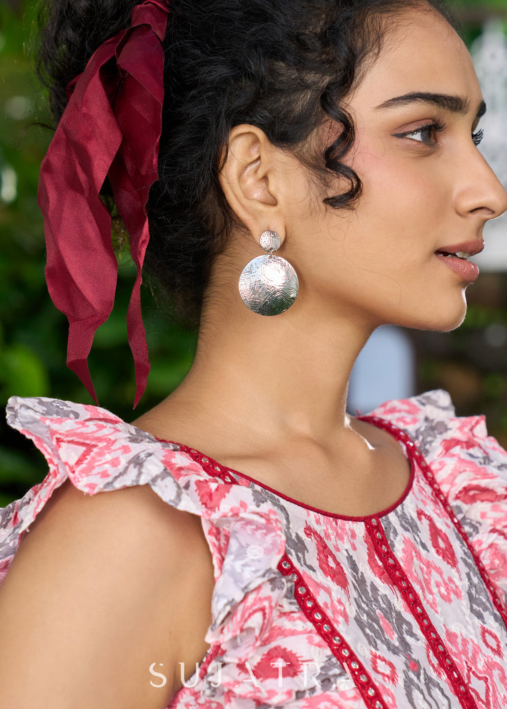 Beautiful self embroidered sleeveless cotton dress with beautiful back details highlighted with lace