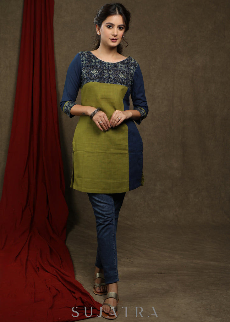 Stylish olive green cotton with ajrakh combination tunic