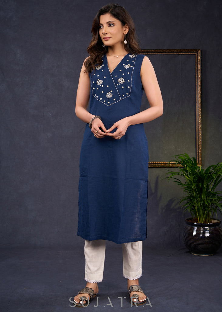 Graceful-Navy-Blue-Cotton-Sleeveless-Kurta-With-Beautiful-Floral-Embroidery-On-The-Yoke--Pant-Optional