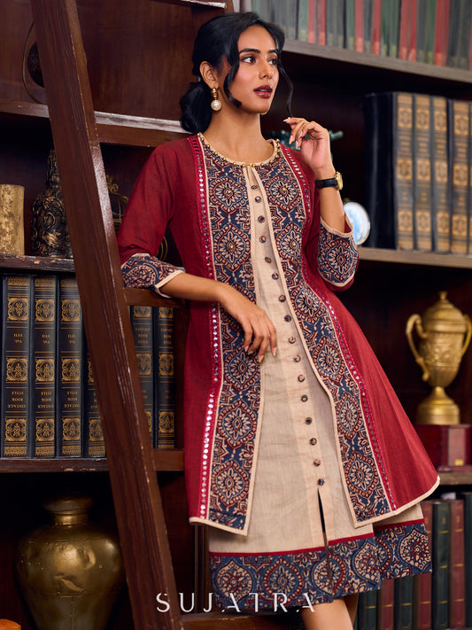 Maroon Handwoven Cotton Jacket With Ajrakh Detailing And Intricate Mirror Lace Trims - Ajrakh dress optional