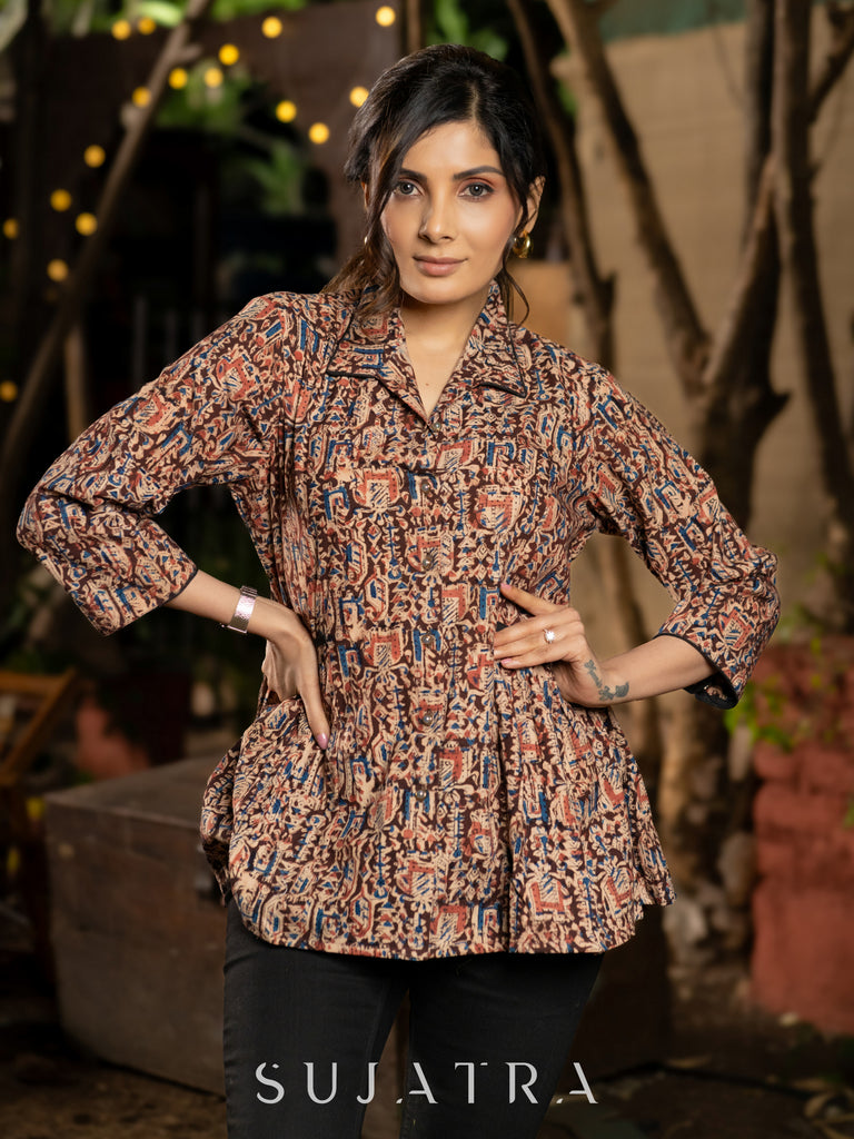 Lavish Maroon Kalamkari Shirt Featuring Beautiful Gathers