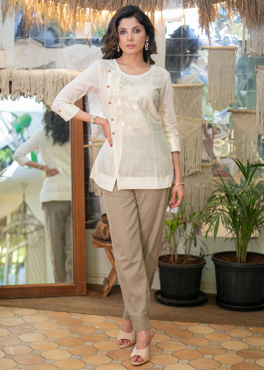 Elegant White Cotton Top with Beautiful Embroidery on One Side Highlighted with Golden Buttons