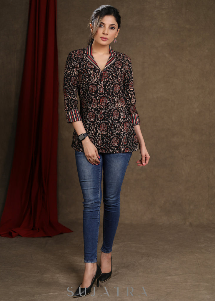 Black Cotton Ajrakh Combination Top