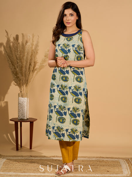 Tranquil Blue Mul Cotton Printed Kurta with Elegant Halter Neck