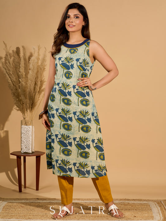 Tranquil Blue Mul Cotton Printed Kurta with Elegant Halter Neck