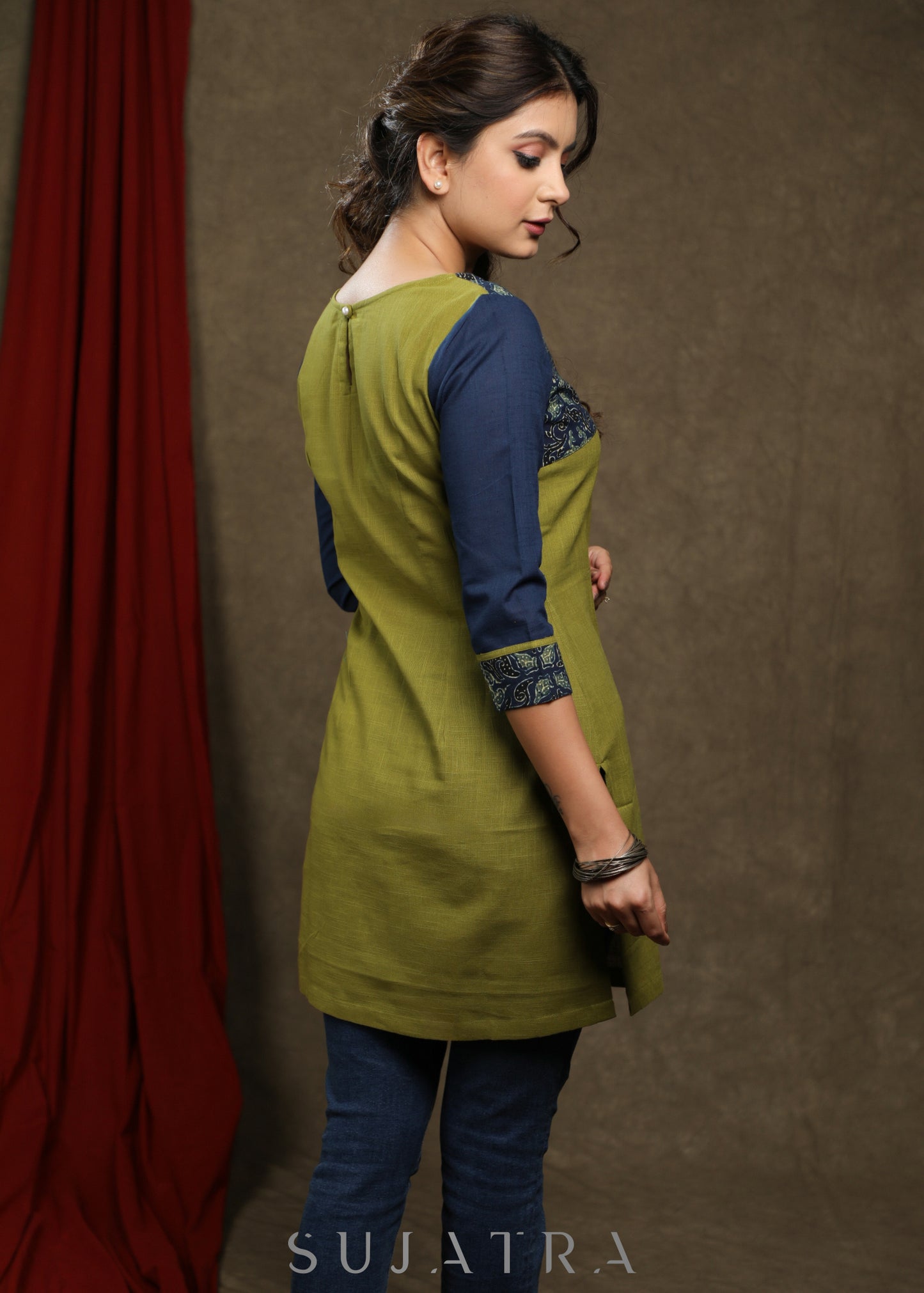 Stylish olive green cotton with ajrakh combination tunic