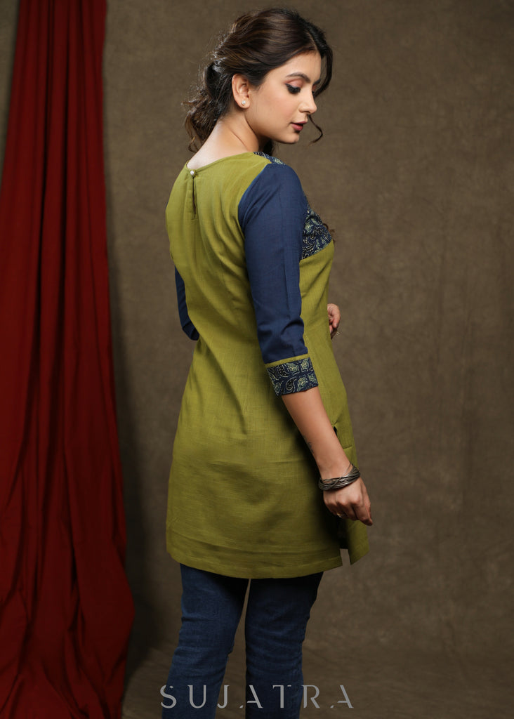 Stylish olive green cotton with ajrakh combination tunic