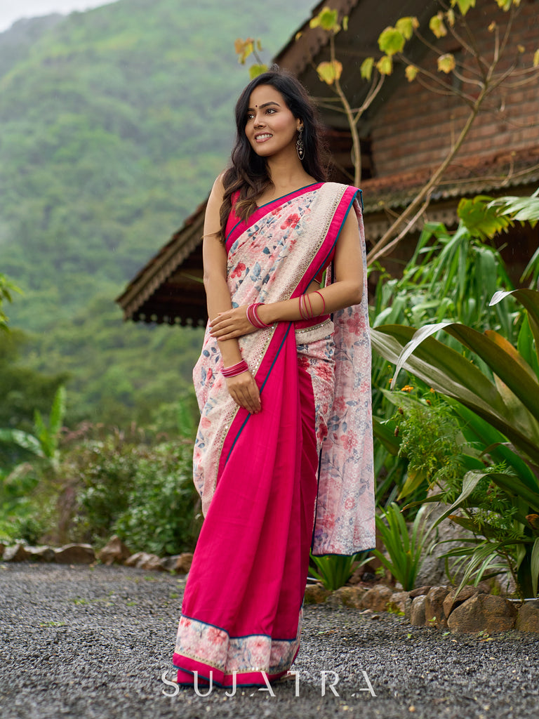 Floral-inspired white saree elevated with fuchsia pleats and borders