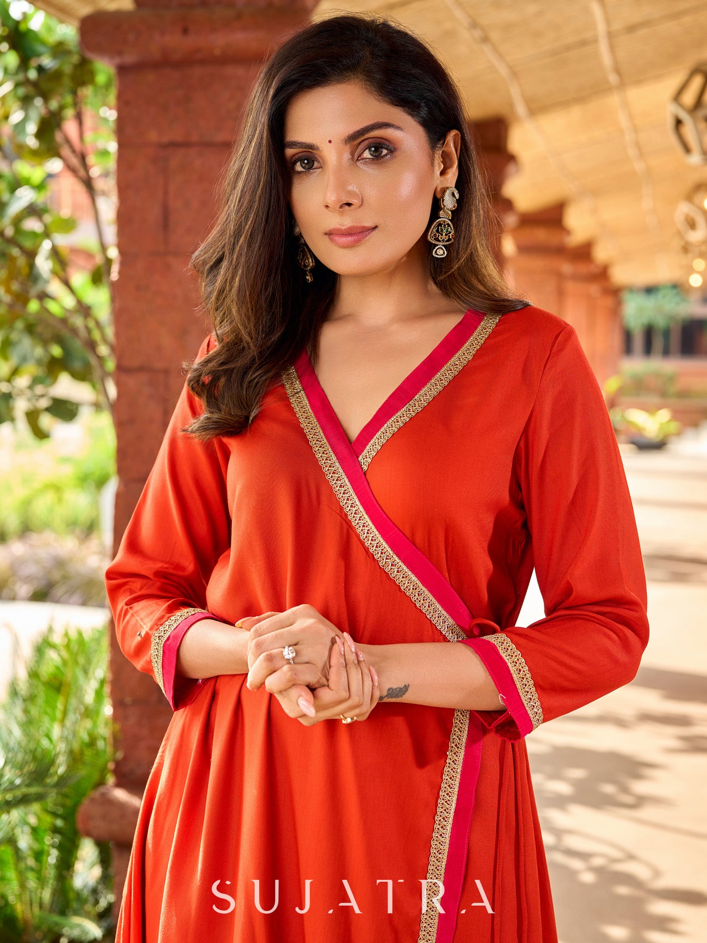 Beautiful Subtle orange A-line kurta with stylish overlapping front design -pant optional