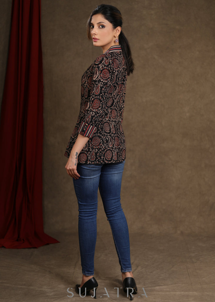 Black Cotton Ajrakh Combination Top