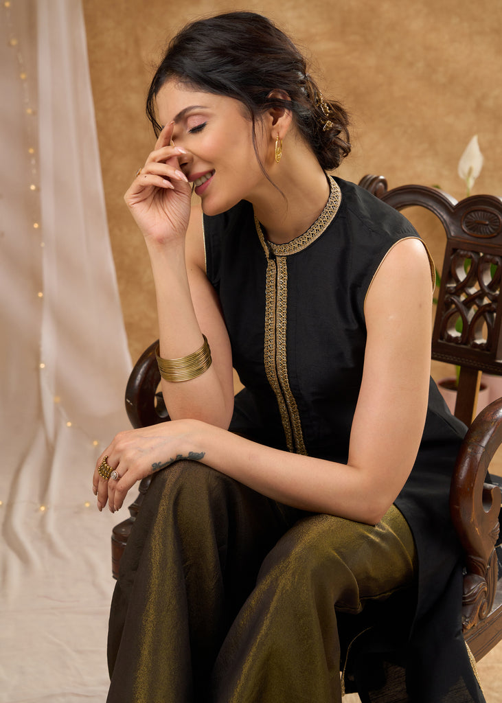 Stylish black cotton silk sleeveless kurta Tissue palazzo optional