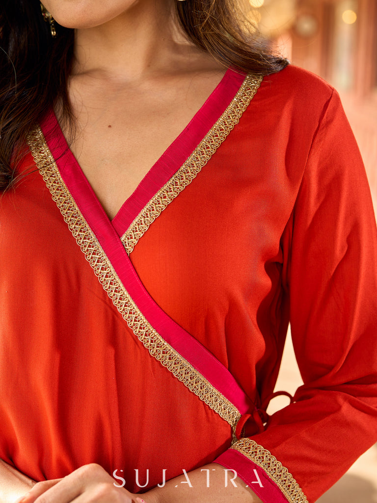 Beautiful Subtle orange A-line kurta with stylish overlapping front design -pant optional