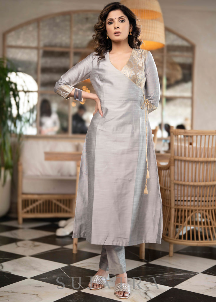 Exquisite Grey Cotton Silk Asymmetrical Kurta With Brocade Yoke & Gold Side Dori  - Pant Optional