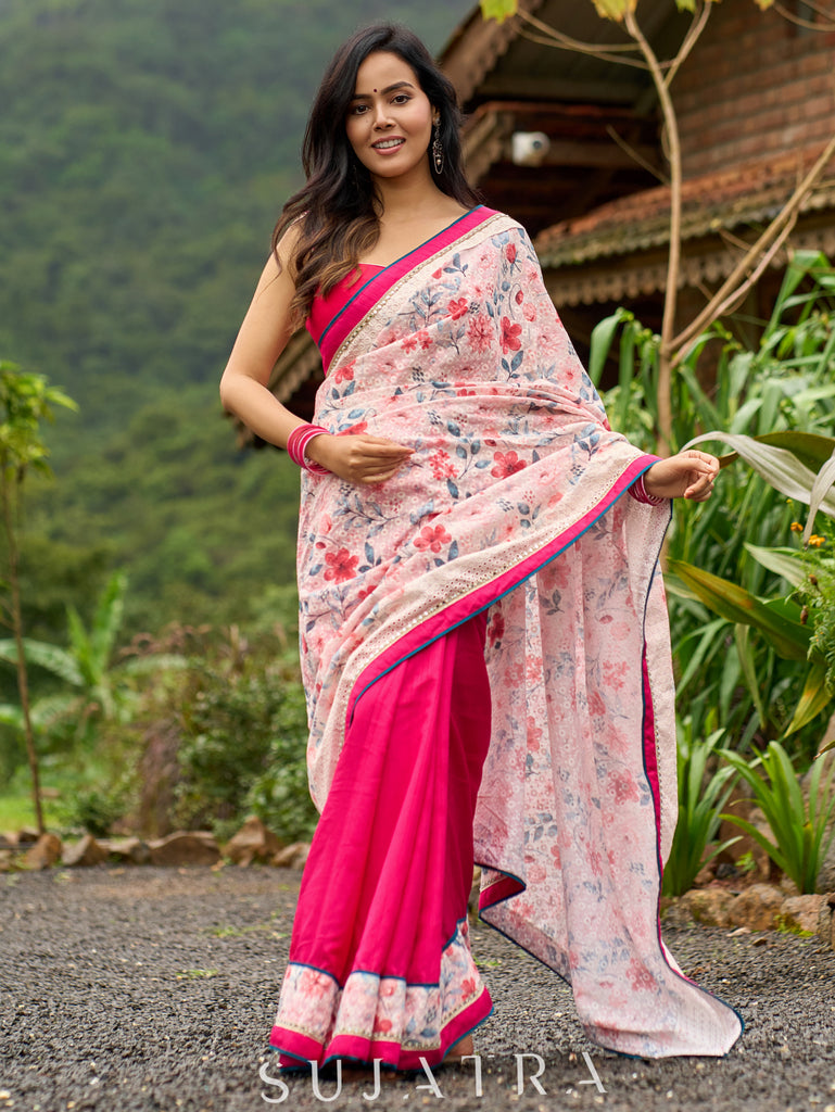 Floral-inspired white saree elevated with fuchsia pleats and borders