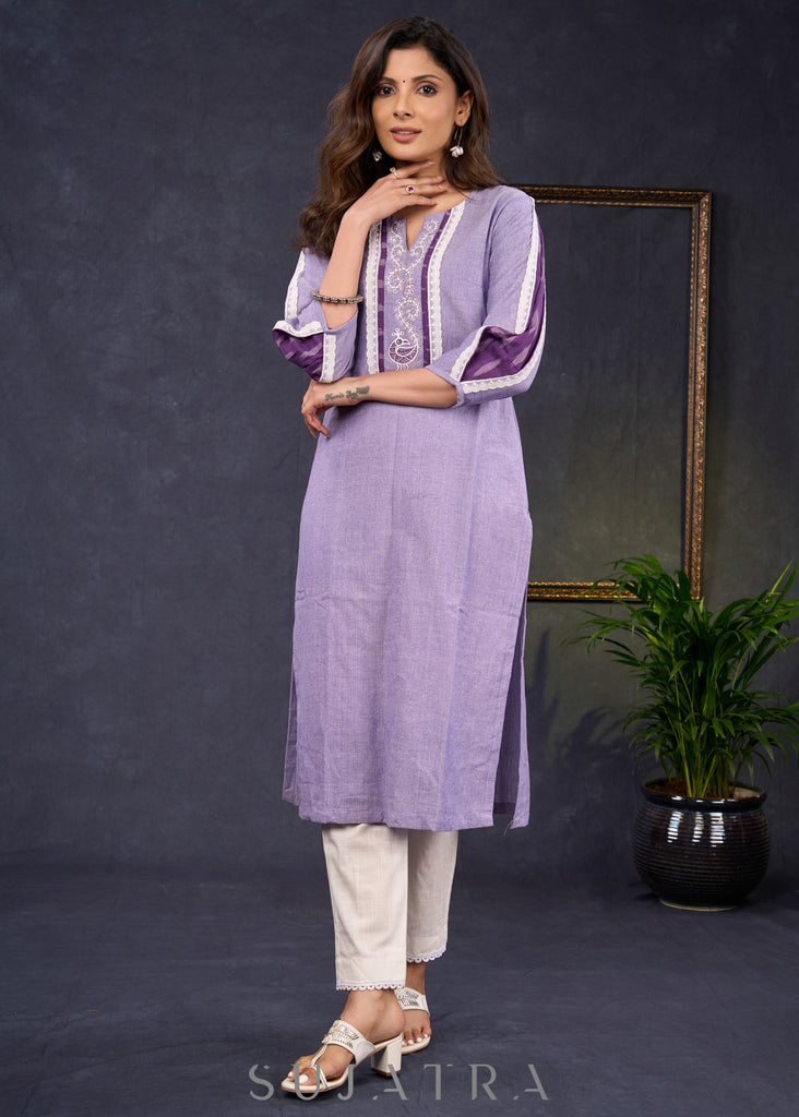 Exclusive-Lilac-Cotton-Straight-Cut-Kurta-Highlighted-With-Ikat-Puff-Sleeves-And-Beautiful-Painting-On-The-Yoke--Pant-Optional