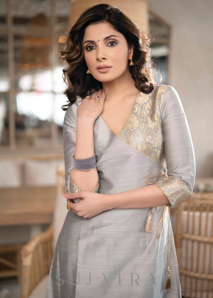 Exquisite Grey Cotton Silk Asymmetrical Kurta With Brocade Yoke & Gold Side Dori - Pant Optional