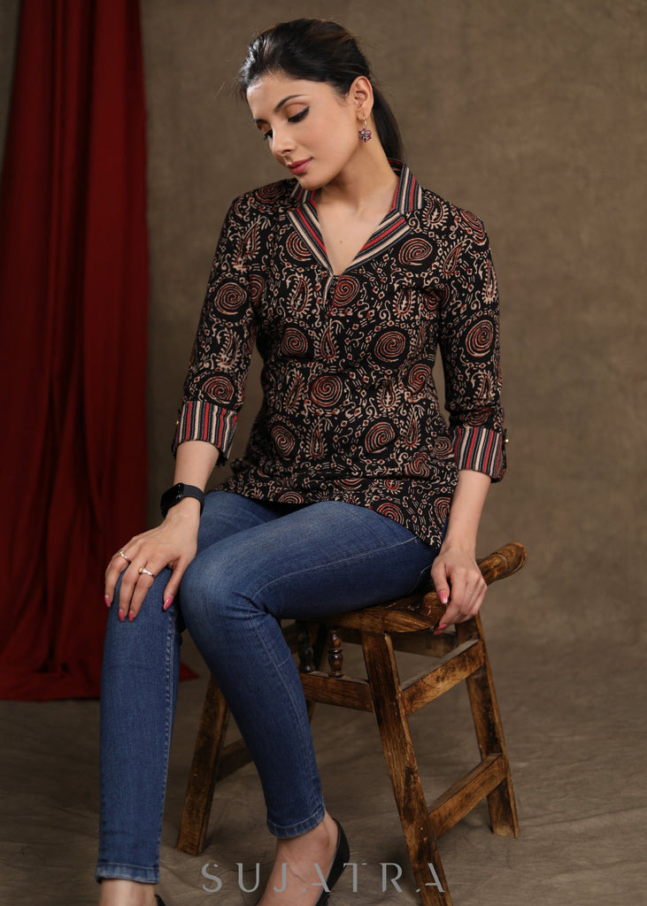 Black Cotton Ajrakh Combination Top