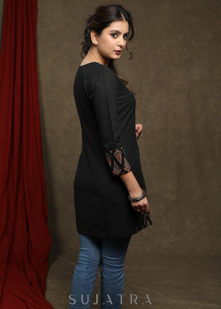 Classy black cotton tunic with beautiful ajrakh combination highlighted with pearls
