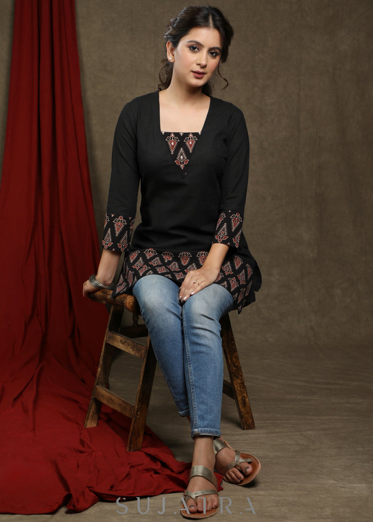Classy black cotton tunic with beautiful ajrakh combination highlighted with pearls