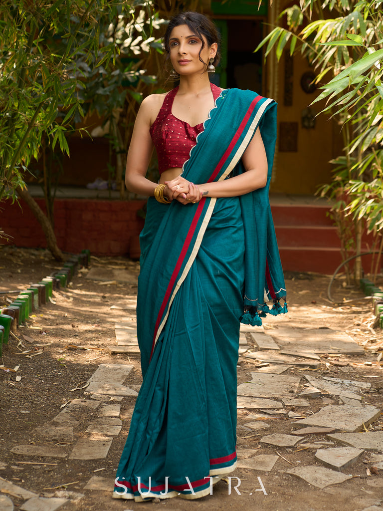 Classic Teal green Embroidered cotton saree with Scallop Detailing