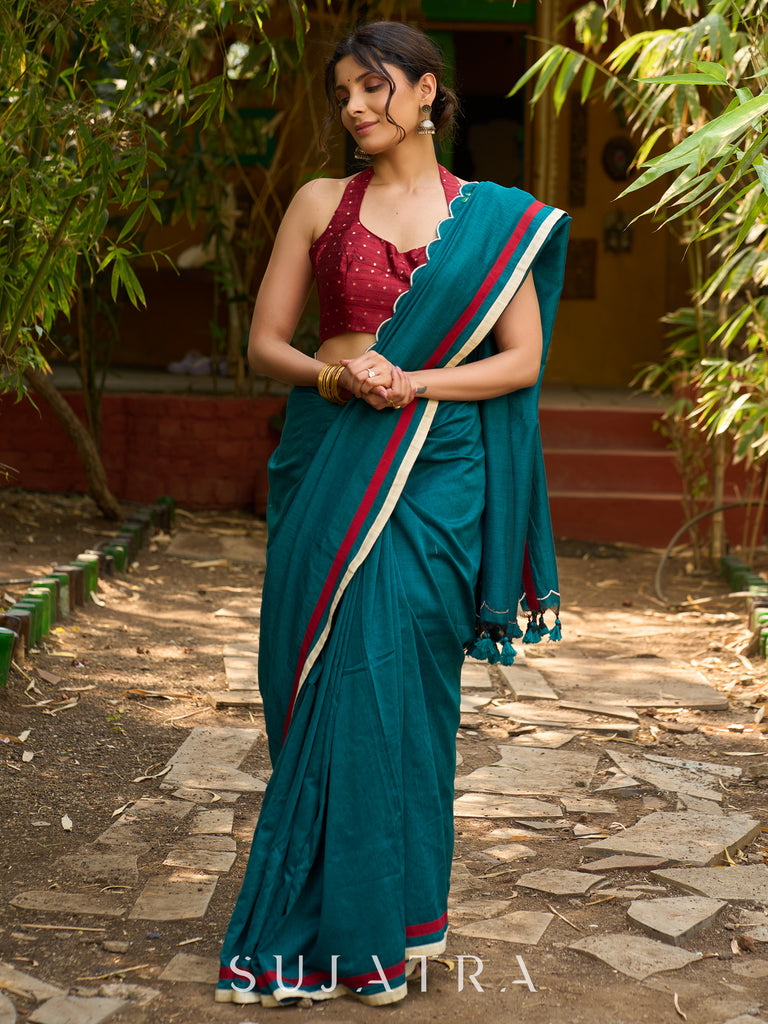 Classic Teal green Embroidered cotton saree with Scallop Detailing