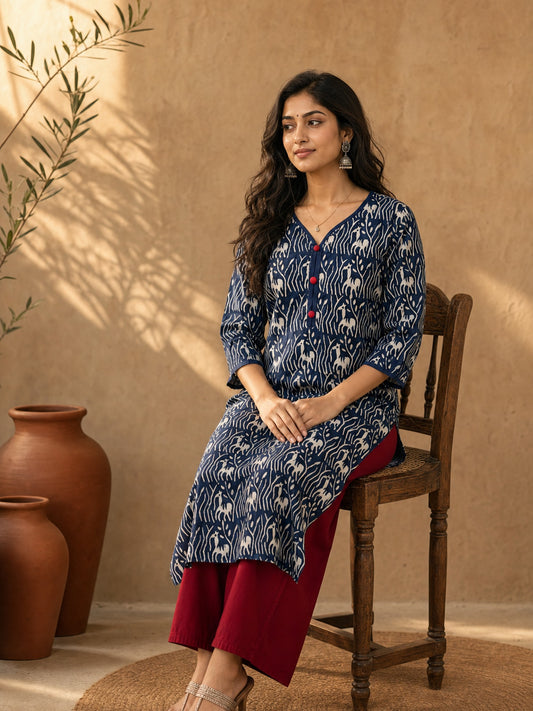 Exquisite Indigo Printed Cotton Kurta with Contrast Detailing