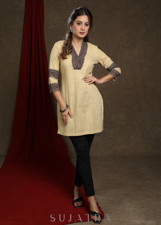 Elegant ochre yellow cotton tunic with ajrakh combination