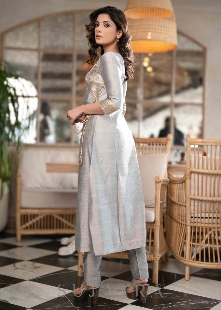 Exquisite Grey Cotton Silk Asymmetrical Kurta With Brocade Yoke & Gold Side Dori  - Pant Optional