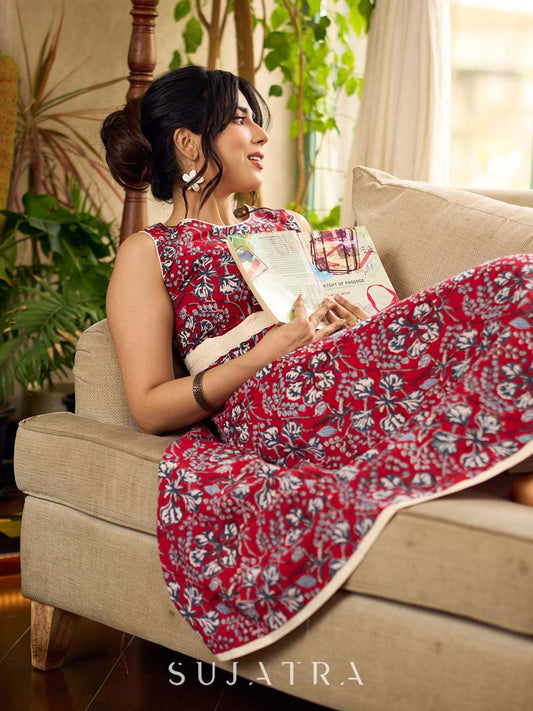 Red Gulmohar floral-printed sleeveless summer dress featuring off-white accents and scalloped lace detailing at the waist, creating a breezy, feminine silhouette perfect for warm, sunlit days.