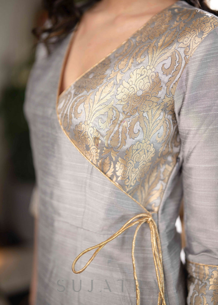 Exquisite Grey Cotton Silk Asymmetrical Kurta With Brocade Yoke & Gold Side Dori - Pant Optional