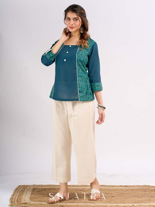 Teal Square Neck Cotton Top with Printed Panels and Contrast Piping