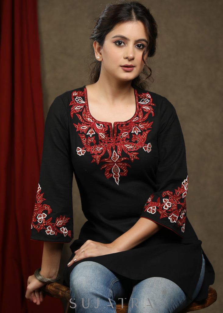Trendy black cotton tunic with beautiful ajrakh applique on yoke and sleeves